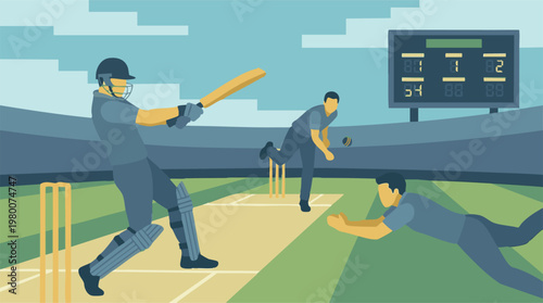 Obraz na płótnie Dynamic cricket match scene with batsman, bowler, and fielder action