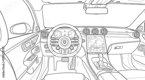 Modern car interior dashboard with steering wheel controls touchscreen and detailed cockpit design automotive line illustration