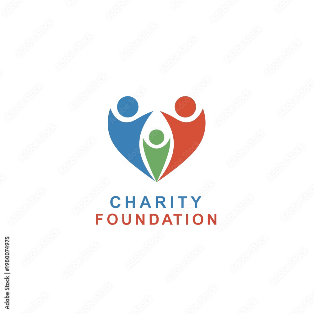 Fototapeta premium Charity foundation logo with three people figures forming heart shape in color.