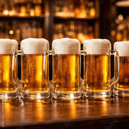Five frothy beer mugs on wooden bar with warm golden lighting