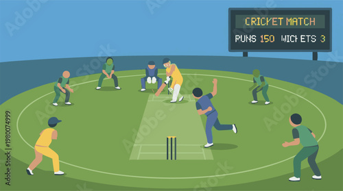 Canvas Print Flat illustration of a cricket match with players and a scoreboard