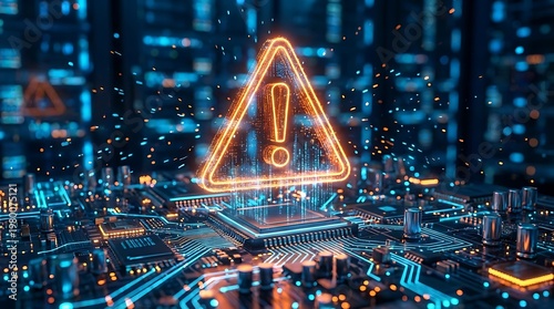 Digital warning sign with exclamation mark hovering over a hightech computer circuit board in a data center