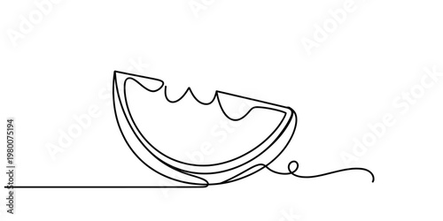 Minimalist continuous line drawing of a bitten slice of watermelon on a white background. Vector, illustration