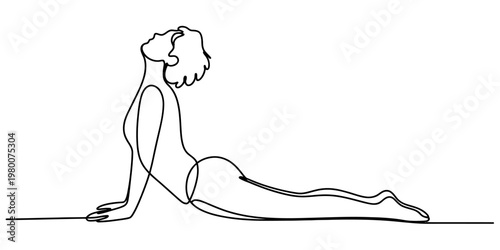 Minimalist continuous line art illustration of a person doing a bhujangasana yoga stretch Vector, illustration
