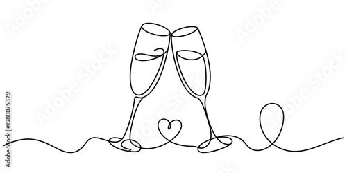 Minimalist one line art of two clinking champagne flutes and a heart for celebration and love. Vector, illustration