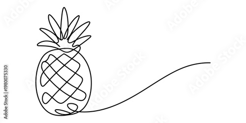 Minimalist continuous line art of a single pineapple fruit on a plain white background design. Vector, illustration