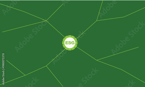 ESG environmental social governance concept, green background with central gear icon and connecting lines, sustainable business strategy vector