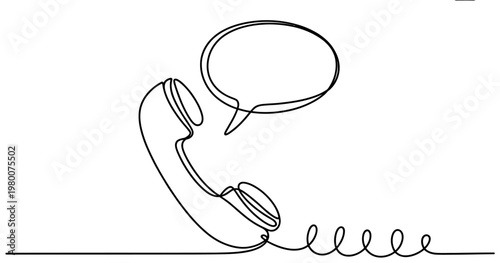 Continuous line drawing of a vintage telephone handset with a speech bubble and a coiled cord Vector, illustration