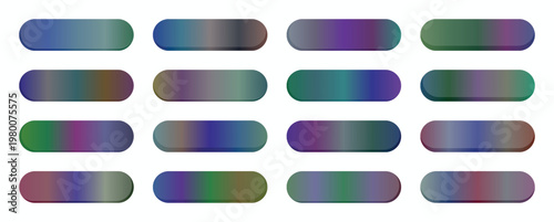 Buttons consisting of horizontal capsules display deep blue and green color blends for use in professional software interface layouts.