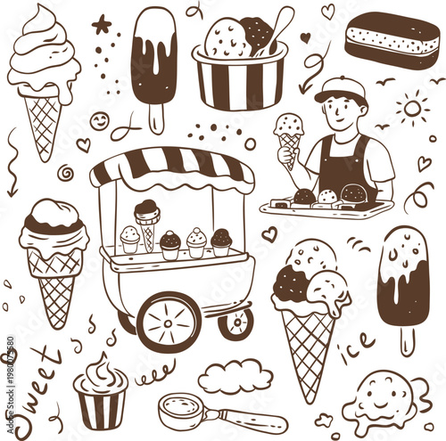 Collection of ice cream desserts and street cart with vendor in hand drawn doodle illustration set on white background perfect for stickers, menu design