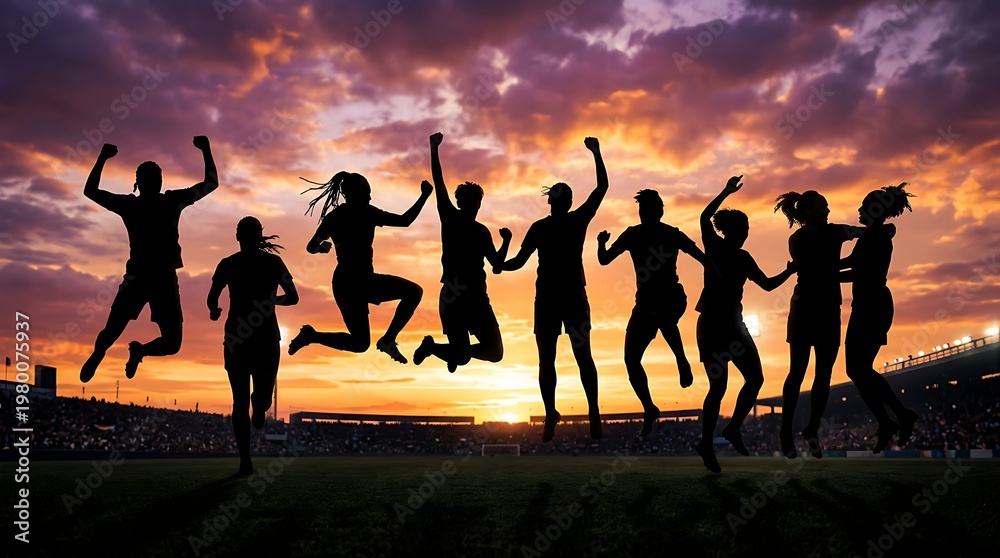 Obraz premium Silhouette of a group of female soccer players celebrating a victory on the field at sunset in a stadium