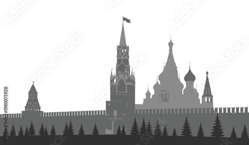 A striking black and white depiction of saint basil s cathedral and the moscow kremlin presented as a bold silhouette high quality professional detailed