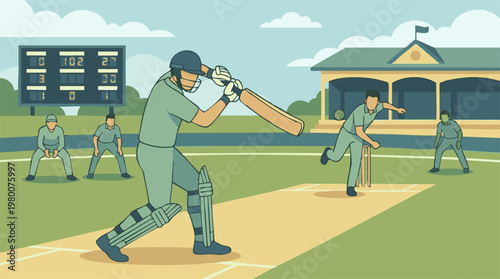 Foto Flat design illustration of a cricket match in progress on a sunny field
