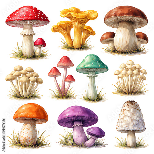 colorful variety of wild mushrooms growing in natural forest environment illustration