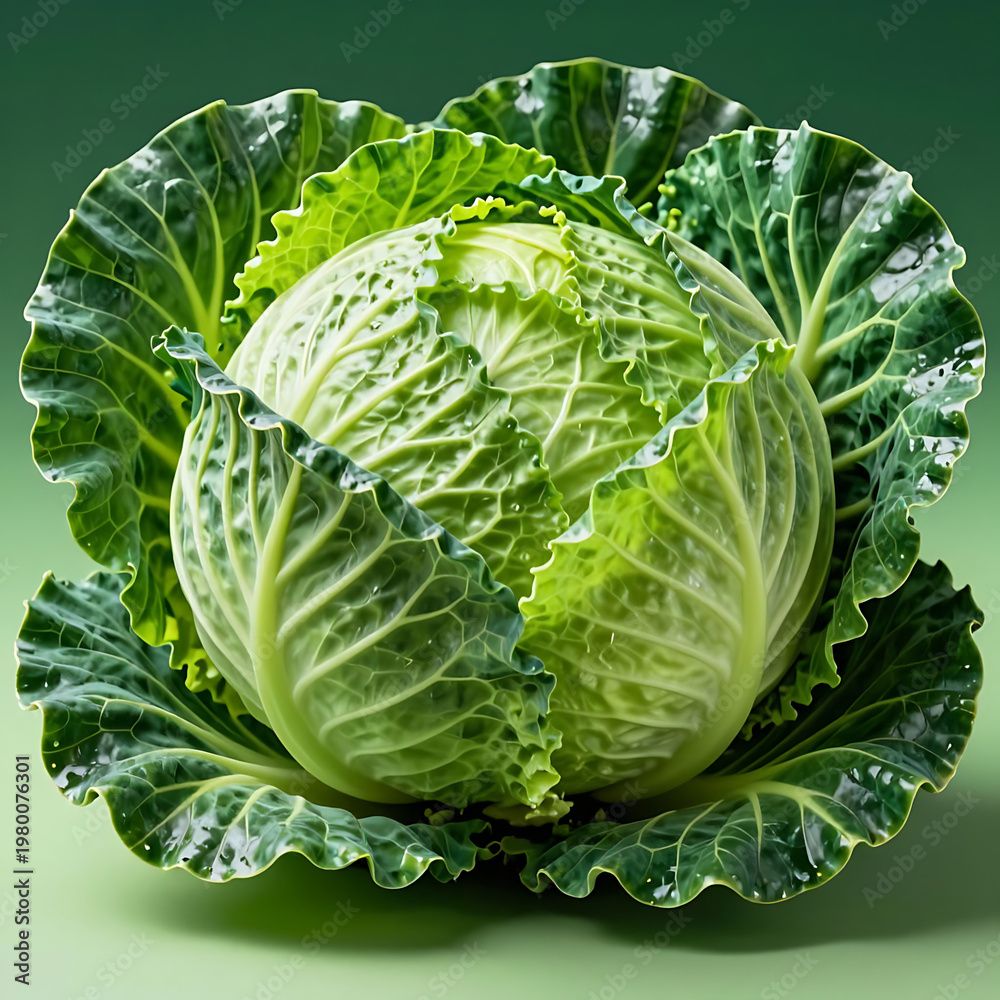 Fototapeta premium Fresh green savoy cabbage with dew drops on isolated mint background