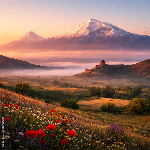 Misty sunrise over volcanic mountain range with wildflowers in foreground