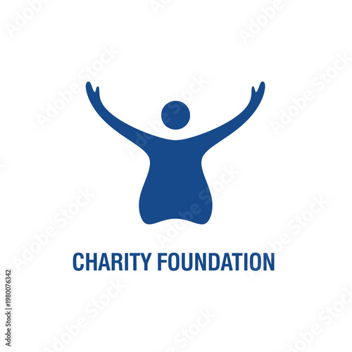 Blue human figure with raised arms icon for charity foundation social community.
