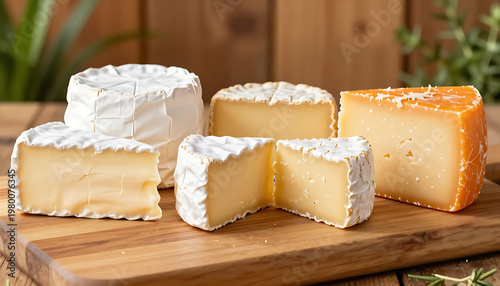 Freshly cut white and yellow cheese cubes on wooden board outdoor