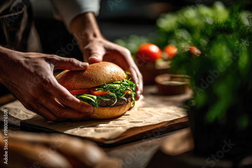 Hands of a person holding a freshly made sandwich with lettuce, tomato, and meat on a wooden cutting board, surrounded by fresh vegetables in a kitchen setting