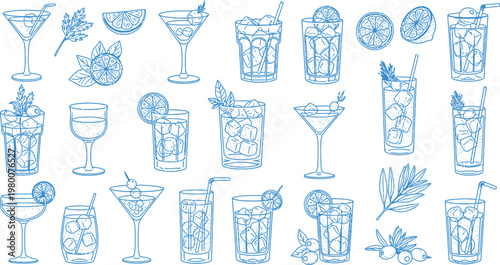 A collection of cocktail glasses and garnishes