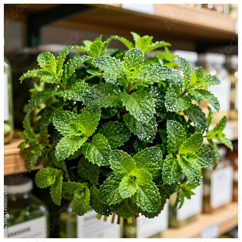 Fresh green mint plant in white pot on wooden table with water droplets