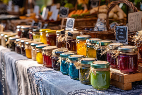 Colorful jars of homemade jams and preserves displayed on a market table, with woven baskets and fresh produce visible in the background