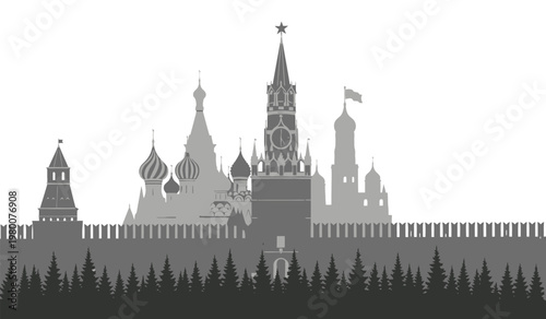 A striking grayscale depiction of moscow s red square and kremlin featuring iconic architecture and a detailed skyline silhouette high quality professional modern elegant