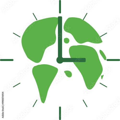 Green earth clock vector icon, world map time management concept, global environmental deadline symbol, ecological sustainability graphic