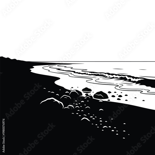 Monochrome beach, black and white landscape, ocean waves, sandy shore