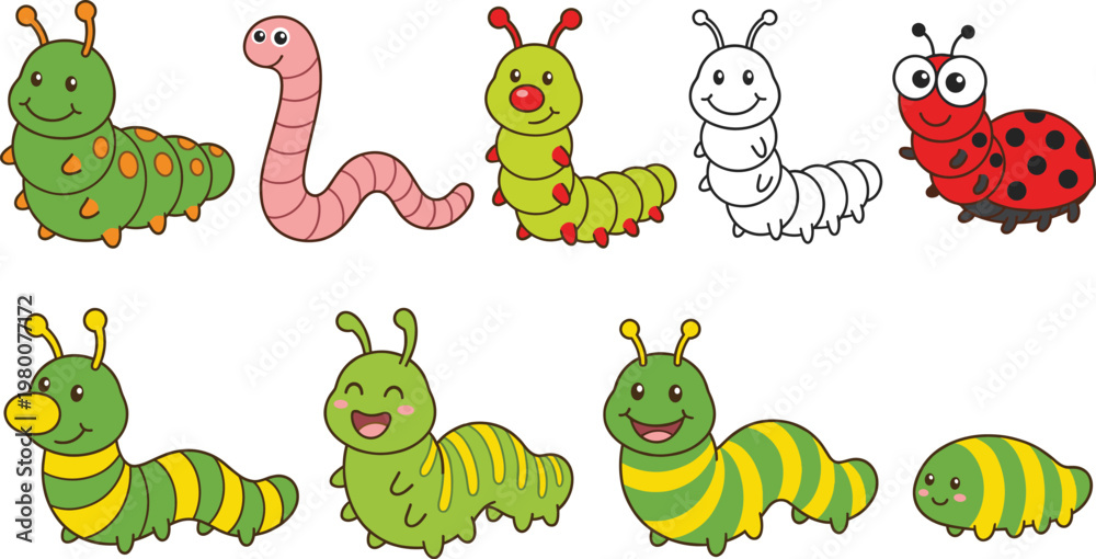 Naklejka premium Cute Cartoon Caterpillar and Worm Set with Different Expressions, Colorful Insect Collection Vector Illustration for Kids, Nature, Garden, and Educational Design