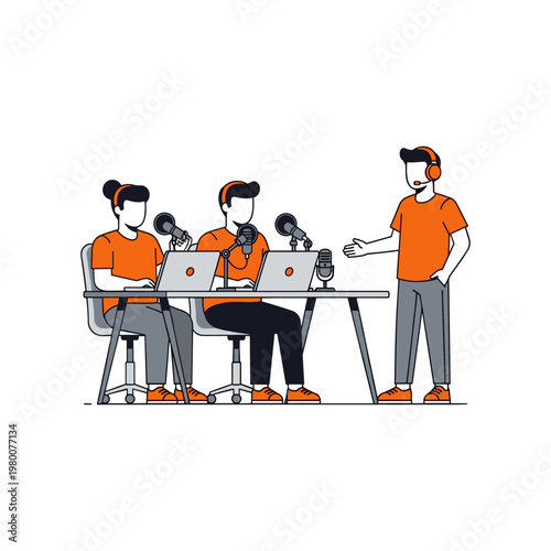 Team engaged in a lively podcast recording session with modern equipment