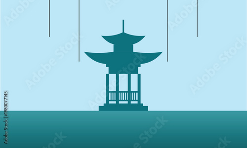 Minimalist Japanese pagoda silhouette, traditional Asian temple vector illustration, teal oriental architecture landscape background