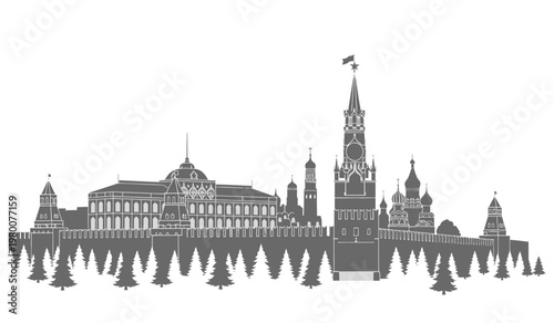 A striking black and white skyline depicts iconic russian architecture including st basil s cathedral and the kremlin in silhouette high quality professional detailed