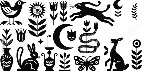 folk art, silhouette, animals, flowers, decorative, scandinavian, design, bird, rabbit, cat, deer, butterfly, floral, pattern, vector, illustration, black, ornament, nature, set