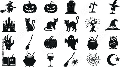 halloween, silhouette, icons, spooky, pumpkin, witch, ghost, cat, skull, haunted, horror, black, design, collection, vector, illustration, creepy, night, symbols, set