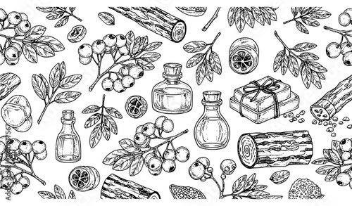 Swietenia Febrifuga Herbal Seamless Pattern Spa Cosmetic Vector