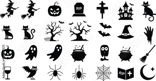 halloween, silhouette, icons, spooky, pumpkin, witch, ghost, cat, grave, haunted, horror, black, design, collection, vector, illustration, creepy, night, symbols, set