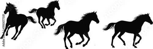 horse, silhouette, running, galloping, animal, wildlife, black, stallion, motion, speed, freedom, nature, farm, equine, herd, dynamic, vector, illustration, set, power