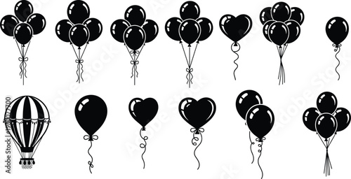 balloons, silhouette, party, celebration, decoration, black, helium, festive, birthday, event, design, vector, set, collection, love, heart, air, floating, illustration, graphic