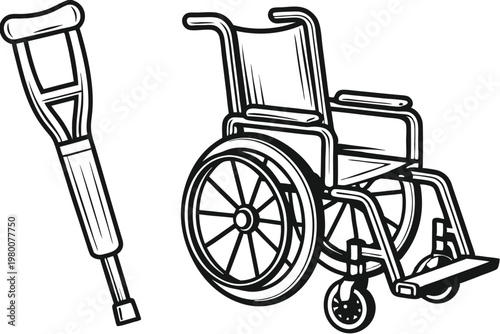 Simple Monochrome Crutch and Wheelchair Icons, Minimalist Vector for Disability Aid