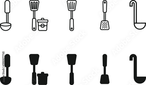 Black and white line art of various kitchen utensils and tools