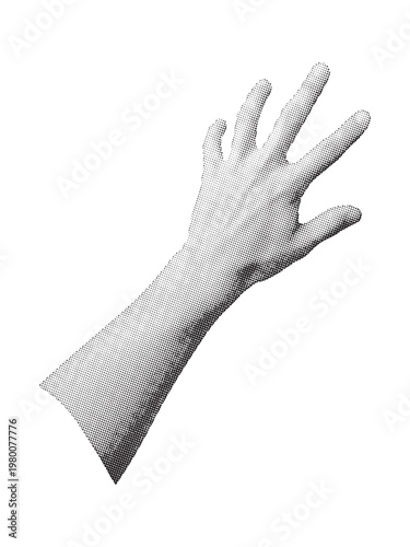 A detailed high contrast black and white halftone illustration of a human hand reaching upwards.