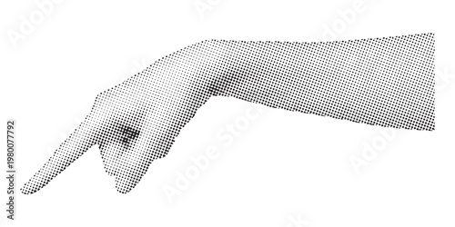 A black and white halftone graphic illustration of a human arm pointing downward with finger