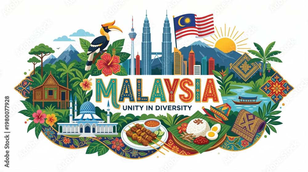 Obraz premium Vector Illustration of Malaysia's Cultural Landmarks and Traditions