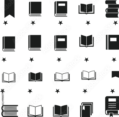 Collection of black and white book icons with sparkling stars