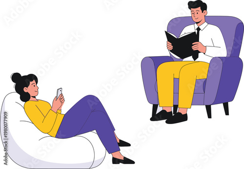 Relaxed individuals reading in modern armchairs enjoying leisure time