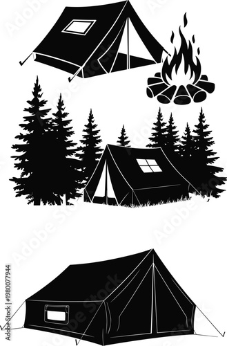 Camping, silhouette, tent, campfire, forest, outdoor, adventure, nature, travel, wilderness, trees, black, illustration, survival, exploration, hiking, landscape, tourism, equipment, night