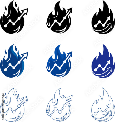 Set of fire flame logo icons with financial growth chart arrows representing hot market trends and rapid success.
