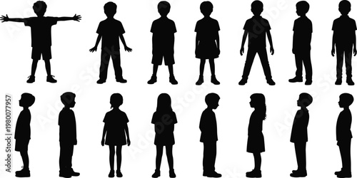 Children, silhouette, kids, standing, collection, poses, black, figures, isolated, childhood, people, group, profiles, front, side, view, diversity, studio, set, design