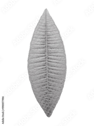 A detailed black and white halftone illustration of a single pointed leaf shape on white background